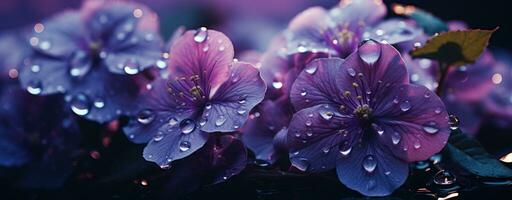 AI generated purple flowers with water drops are in the dark photo