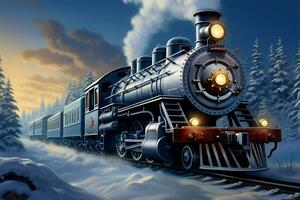 AI generated Winter locomotion 3D digital painting of a steam locomotive in snow covered forest photo