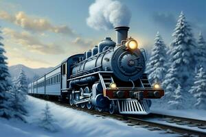 AI generated Forest expedition 3D illustration depicts a steam locomotive in winter scenery photo