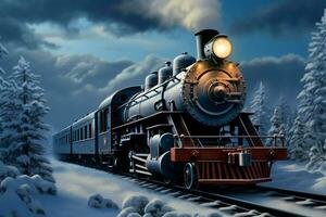 ai generado bosque expedición 3d ilustración representa un vapor locomotora en invierno paisaje foto