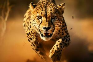 AI generated Speedy predator African cheetah in motion, showcasing wildlife athleticism photo
