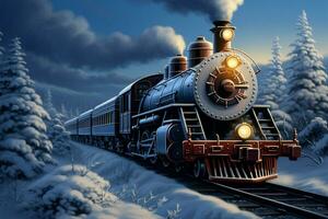 AI generated Winter locomotion 3D digital painting of a steam locomotive in snow covered forest photo