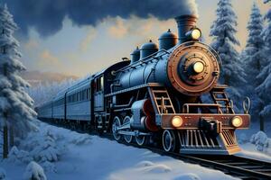 ai generado invierno locomoción 3d digital pintura de un vapor locomotora en nieve cubierto bosque foto