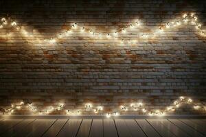 AI generated Seasonal elegance White brick wall with dazzling lights backdrop photo