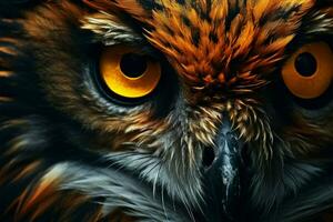 AI generated Natures watch Close black owl closeup, eye, feathers, wildlife photo