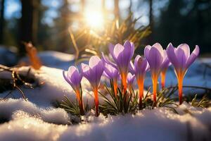 AI generated Winters end Crocuses bloom in a snowy forest with text space photo