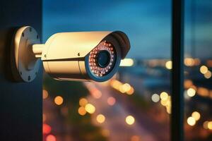 AI generated Bokeh security CCTV camera on window with defocused light backdrop photo