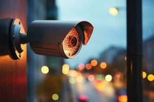 ai generado vigilante lente seguridad cámara en ventana con bokeh ligero antecedentes foto