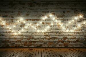 AI generated ambiance White brick wall adorned with shimmering lights background photo