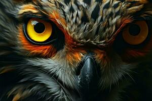 AI generated Feathered stare Close up of black owl, wild hunter in nature photo