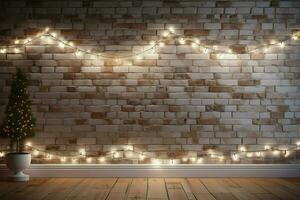 AI generated Holiday backdrop White brick wall adorned with sparkling lights photo