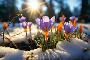 AI generated Floral hope First spring flowers, crocuses bloom in snowy woods photo