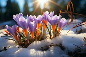 AI generated Winters end Crocuses bloom in a snowy forest with text space photo