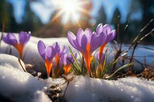 AI generated Spring awakening Crocuses bloom in a snowy forest, text copy space photo