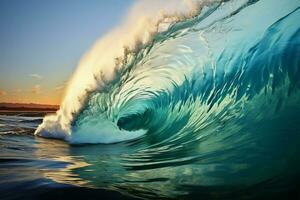 AI generated Tropical thrill Graphic art of big sea wave for surfing photo