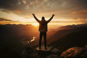 AI generated Mountain victory Man celebrates with arms raised at sunset landscape photo