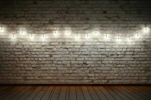 AI generated ambiance White brick wall adorned with shimmering lights background photo