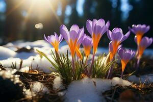 AI generated Natures revival First spring crocuses bloom in snowy forest, copy space photo