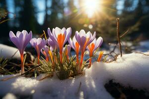 AI generated Spring awakening Crocuses bloom in a snowy forest, text copy space photo