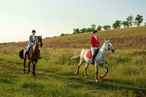 Horseback riders. Two attractive women ride horses on a green meadow photo