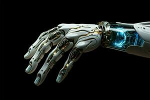 AI generated Robo tech precision Futuristic hand showcases advanced robotic technology seamlessly photo