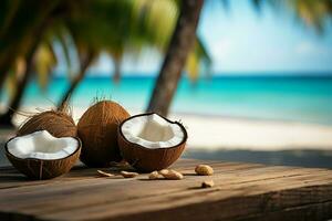 AI generated Coastal elegance Wooden table with coconut on a tropical beach photo