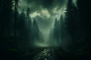 AI generated Enchanting fog Mist magic in a dark forest, mysterious ambiance photo