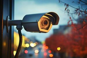 AI generated Security surveillance CCTV camera on a window with bokeh light photo