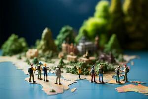 ai generado aventuras viaje miniatura personas explorador un mundo mapa, viaje concepto foto