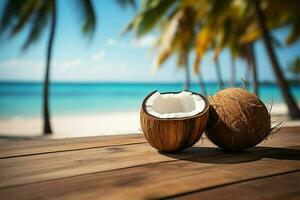 AI generated Island vibes Wooden table with coconut on a beach background photo