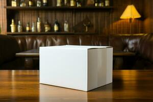 AI generated Simple presentation White paper box against a wooden table backdrop photo