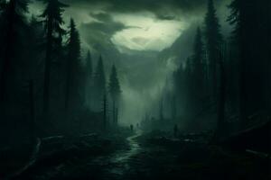 AI generated Eerie ambiance Fog blankets the night in a dark forest photo