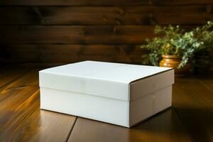 AI generated Wooden simplicity White paper box on a rustic wooden table photo