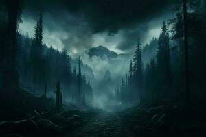 ai generado nocturno misterio brumoso, brumoso noche en un oscuro bosque paisaje foto