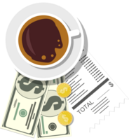 Cup with coffee, cash and coins, cashier check png