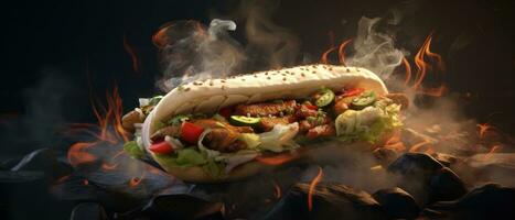 AI generated hot spicy vegetarian shawarma sandwich with smoke photo