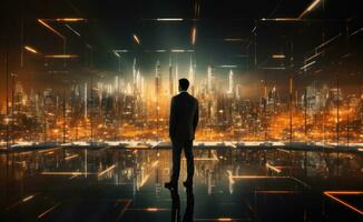 AI generated futuristic businessman looking at city lights photo