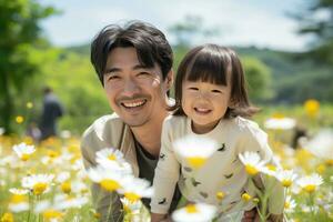 AI generated happy father and little girl at park in summer day photo