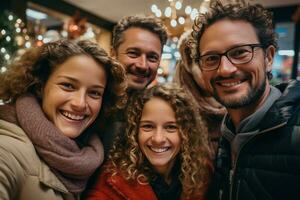 ai generado cuatro personas con Navidad regalos tomando un selfie en frente de Navidad árbol foto