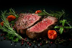 AI generated Savory masterpiece Raw beef steak with herbs on black background photo