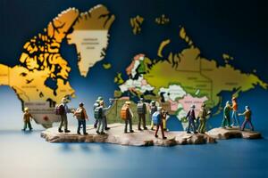 AI generated Travel the world Miniature travelers walking on a world map photo