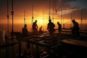 ai generado puesta de sol trabajo en equipo construcción ingeniero, contratista, civil equipo silueta a proyecto sitio foto