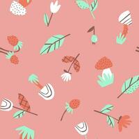 Seamless pattern with flowers, leaves and mushrooms scattered on a pink background vector