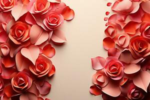 AI generated Romantic petals Valentine frame adorned with roses and confetti delicacies photo