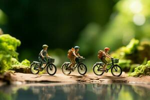 ai generado andar en bicicleta exploración miniatura ciclistas en un viaje, verde bokeh antecedentes foto