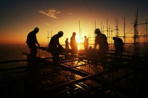 AI generated Silhouette teamwork Construction engineer, contractor, civil team at sunset site photo