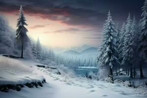 AI generated Seasons greeting Winter holiday forest landscape photo