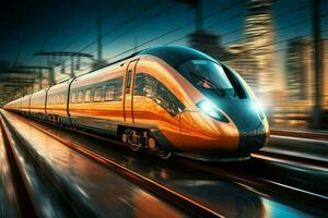 AI generated Graphic velocity High speed train moving on the railway, business adventure photo