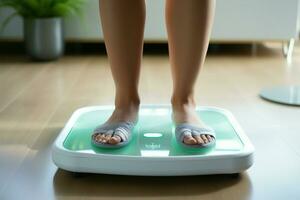 AI generated Dietary check Feet standing on electronic scales for weight control photo