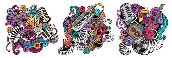 Disco music cartoon vector doodle designs set.